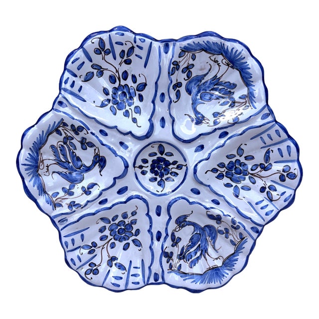 French Blue & White Faience Oyster Plate Moustiers Style, Circa 1940 For Sale