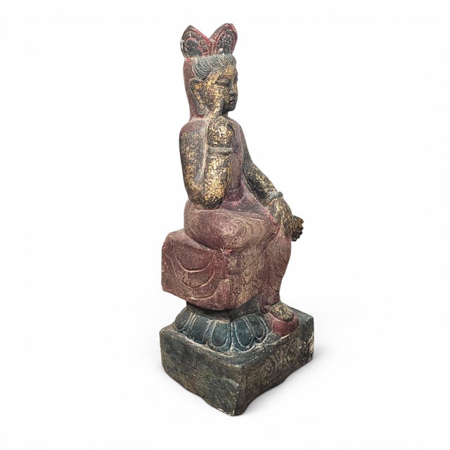 Asian Polychrome Seated Bodhisattva Sculpture on Lotus Base 23" For Sale - Image 10 of 17
