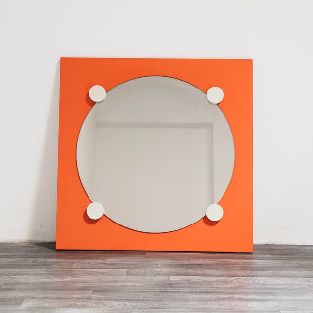 Vintage Space Age Geometric Orange Specchio Wooden Mirror, 1970s, in Very Good conditions. Designed 1970 to 1979