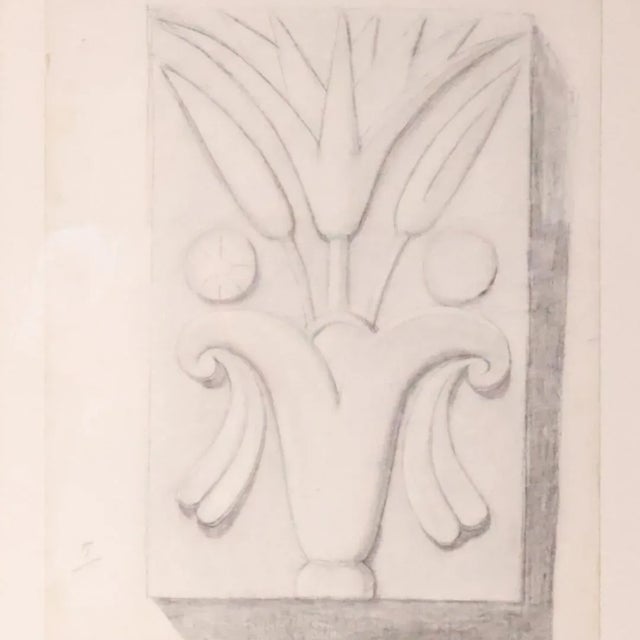 20th Century French graphite drawing showcasing an ornate floral decoration, likely inspired by classical and Rococo...
