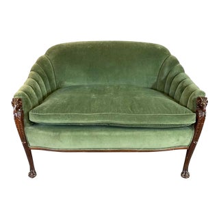 Late 19th Century Green Velvet Upholstered Berger Settee With Rams Head Detail For Sale