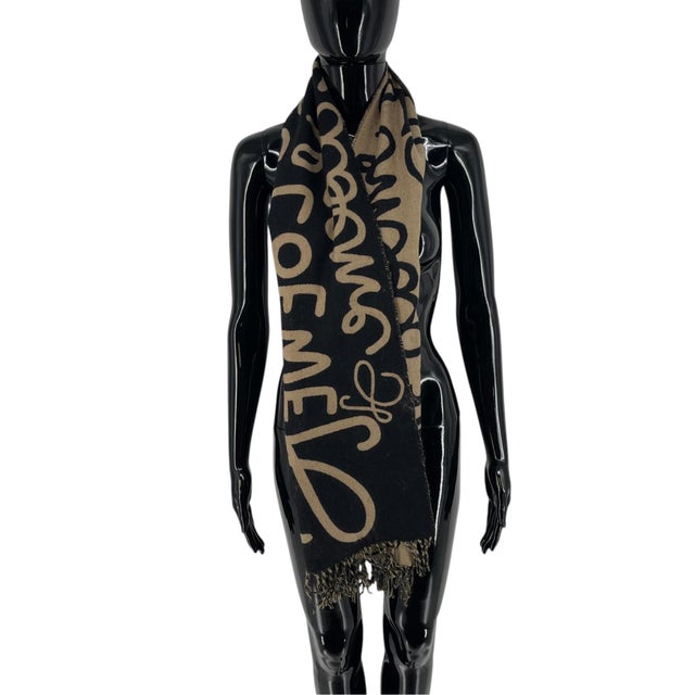 Modern Loewe Beige & Black Printed Wool Cashmere Scarf For Sale - Image 3 of 10