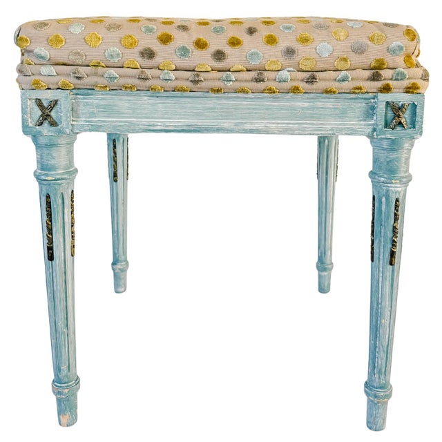 Mid 20th Century French Louis XVI Style Blue Painted Footstools With Brass Accents & Polka Dot Cut Velvet - A Pair For Sale - Image 9 of 18