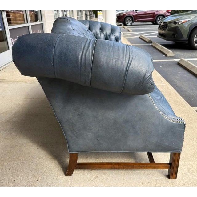 Mid 20th Century Vintage Blue Leather Camelback Chesterfield Sofa For Sale - Image 5 of 18