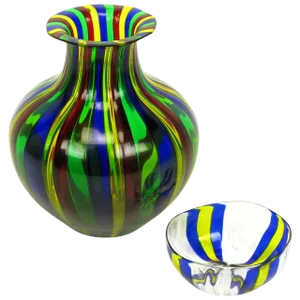 Italian Handblown Art Glass Vase With Bowl by Oggetti