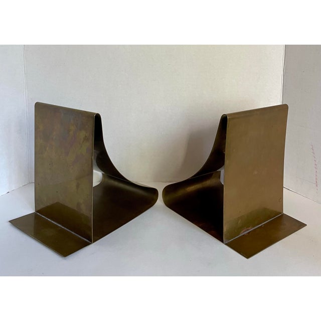 Metal Mid-Century Modernist Sculptural Solid Brass Bookends Attributed to Sarried For Sale - Image 7 of 12