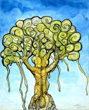 "Tree People Embrace" Contemporary Conceptual Figurative Abstract Acrylic Painting by Elliott Bliss