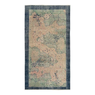 1960s Hand-Knotted Vintage Distressed Deco Rug in Blue, Cream Floral Pattern For Sale