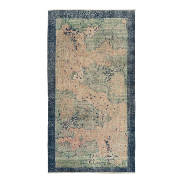 1960s Hand-Knotted Vintage Distressed Deco Rug in Blue, Cream Floral Pattern For Sale