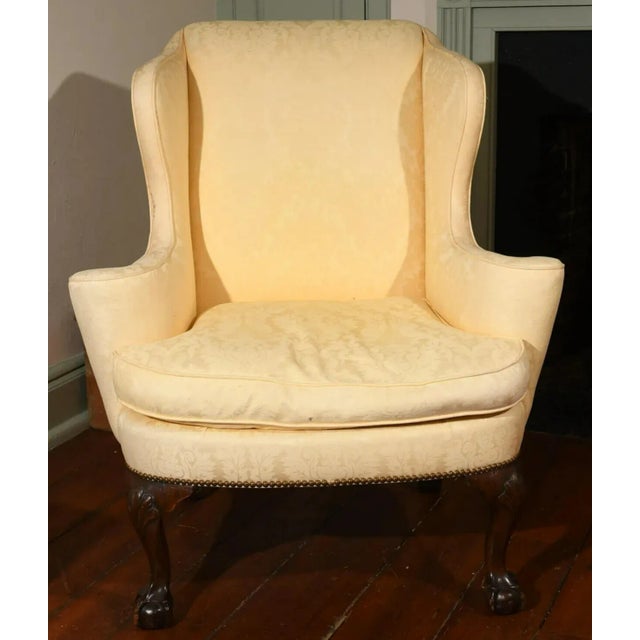 Yellow Chippendale Style Mahogany Wing Chair Ball & Claw Feet Yellow Damask Fabric For Sale - Image 8 of 8