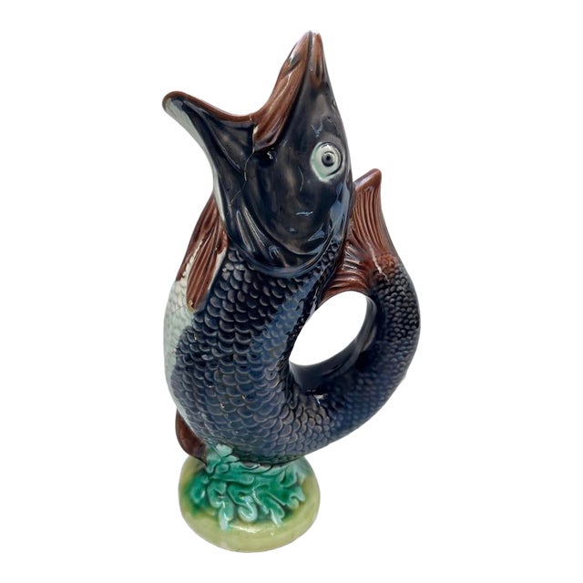 Antique Majolica Fish Gurgle Jug Pitcher For Sale