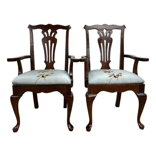 Vintage Mahogany and Needlepoint Chippendale George II Style Dining Arm Chairs For Sale