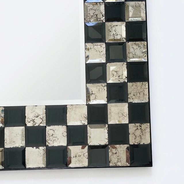 Mid-Century Modern Black and Silver Checkerboard Design Beveled Glass Square Mirror For Sale - Image 3 of 5