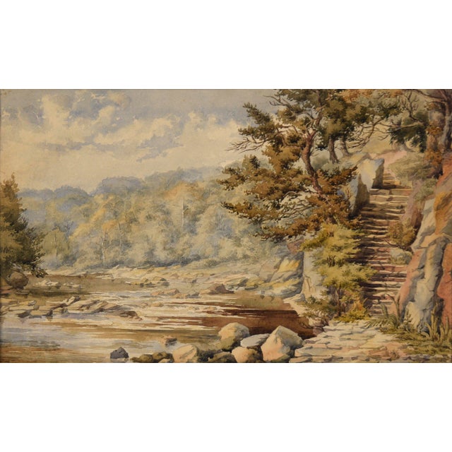 Stone Steps by the River - Late 1800s Watercolor on Paper Dramatic and detailed landscape by Lucy Ellen Cooper (British,...