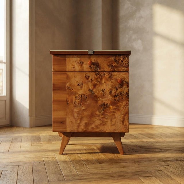A matching pair of vintage bedside cabinets from Czechoslovakia, featuring richly figured burl veneer, warm-toned wood,...