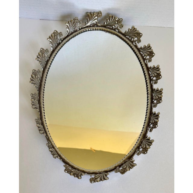 Silver 1960s Hollywood Regency Oval Silver-Tone Vanity Mirror With Floral Crest For Sale - Image 8 of 8