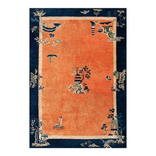 1920s Orange Medallion Scene Antique Chinese Art Deco Carpet 6 'X 8'6" Knotted Wool Rug For Sale