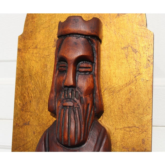 1960s Jaru California 36" Wall Art Wood Carved Figures Gold Plaques For Sale - Image 16 of 17