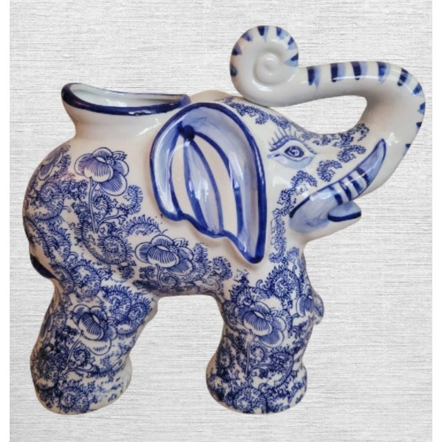 Ceramic 1990s Chinoiserie Blue and White Regency Large Elephant Planters- A Pair For Sale - Image 7 of 8