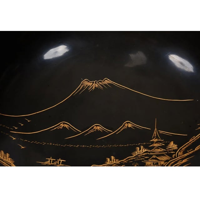 Vintage 1940s Japanese Black Lacquer Bowl With Painted Brass Inlay For Sale - Image 13 of 16