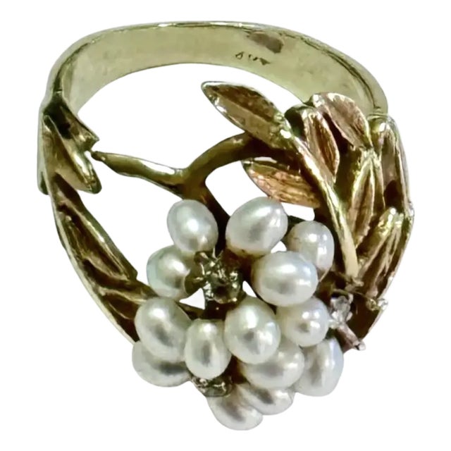14k Yellow Gold Mid-Century Seed Pearl Cocktail Ring For Sale