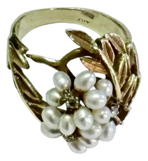 14k Yellow Gold Mid-Century Seed Pearl Cocktail Ring