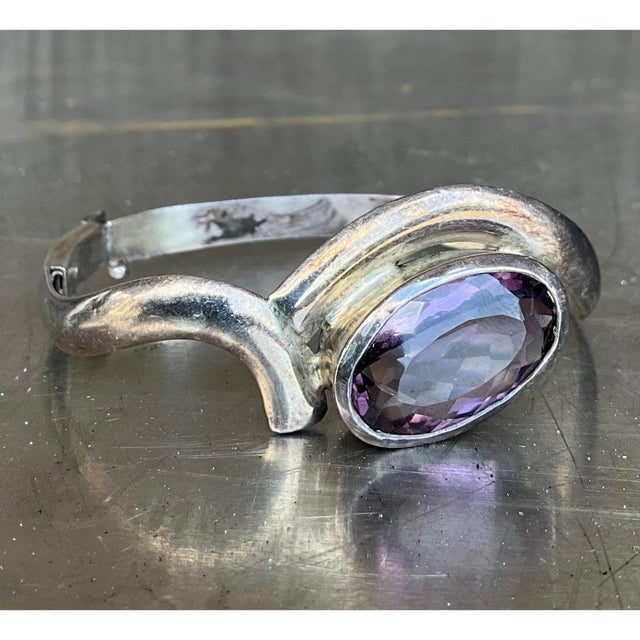 Vintage Sterling Silver Amethyst Cuff For Sale - Image 4 of 12