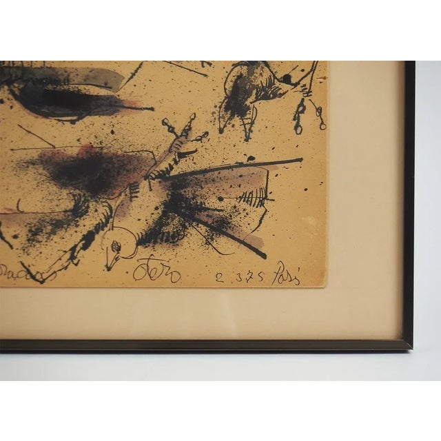 Birds: ink and watercolor on cardboard signed, dated 2-3-75, Paris, dedicated to Alain, Muchas Gracias by the Spanish...