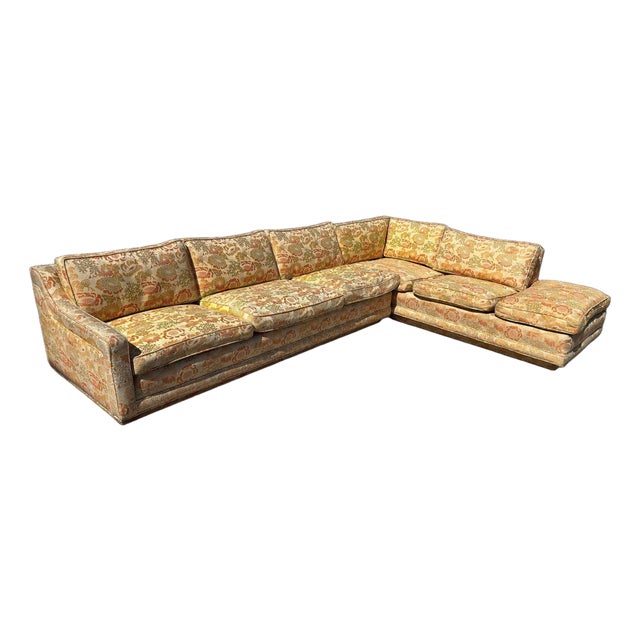 Mid-Century Chrysanthemum Floral Embroidered Parsons Sectional Sofa W/ Daybed For Sale