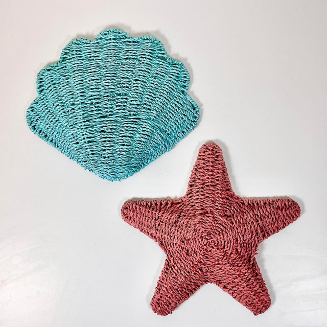 Boho Chic 1980s Vintage Coastal Boho Chic Wicker Clam Shell & Starfish Sculptural Wall Objects - A Pair. For Sale - Image 3 of 7