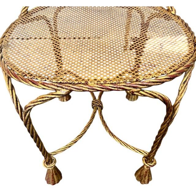 Hollywood Regency 1950’s Italian Gilt Rope and Tassel Wrought Iron Hollywood Regency Chairs - A Pair For Sale - Image 4 of 12