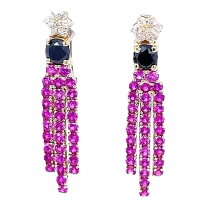 4.65 Carat Black Diamond Pink Sapphire 14 Karat Yellow Gold Earrings - a Pair