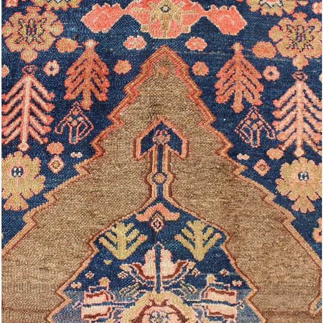 Tribal Medallion Design Antique Persian Serab Rug in Camel and Shades of Blue For Sale - Image 9 of 13