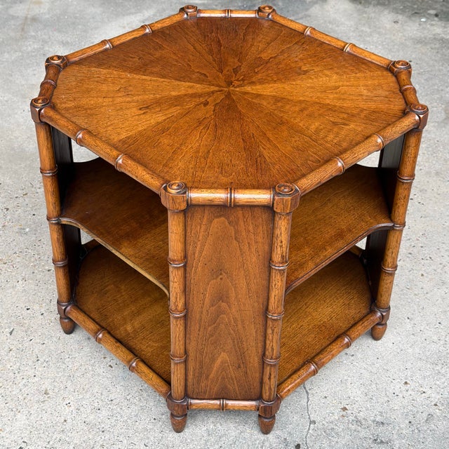 Wood 1970s Henredon Attributed Faux Bamboo Octagonal Tiered Side Table - Palm Beach Regency Style For Sale - Image 7 of 12