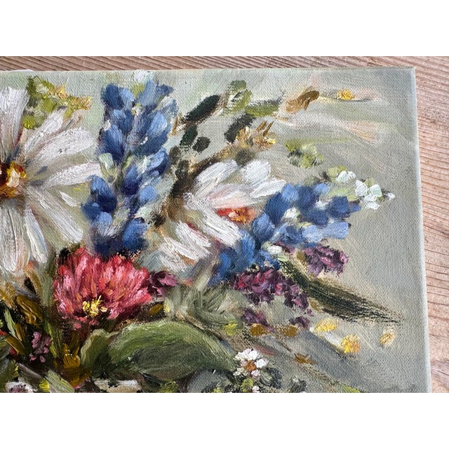 Farmhouse “Texas Table” Bluebonnets, Daisies and Peaches Still Life, Oil Painting, 12x16 Unframed. For Sale - Image 3 of 12