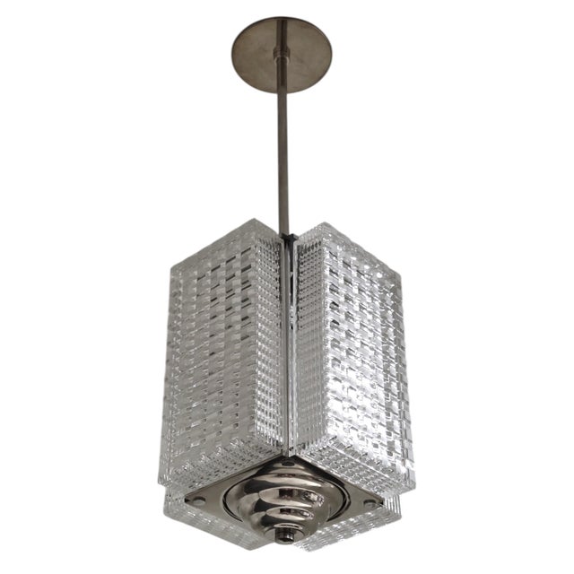 Mid 20th Century Rectangular 4 Panel Architectural Lantern, Art Glass, Polished Nickel & Chrome Stem For Sale - Image 14 of 14