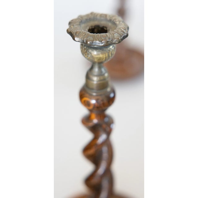 Antique English Tiger Oak Open Barley Twist Candlesticks - a Pair For Sale - Image 4 of 7