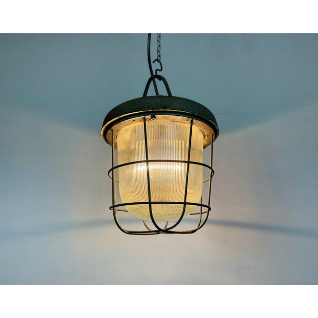 Industrial Cast Iron Cage Pendant Light from Polam, 1960s For Sale - Image 12 of 13