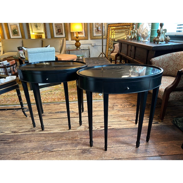 Barbara Barry for Baker Black Laquer Oval End Tables- A Pair For Sale - Image 9 of 11