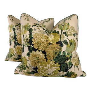 Clarence House "Dahlia Hand Block" in Green 22" Pillows-a Pair For Sale