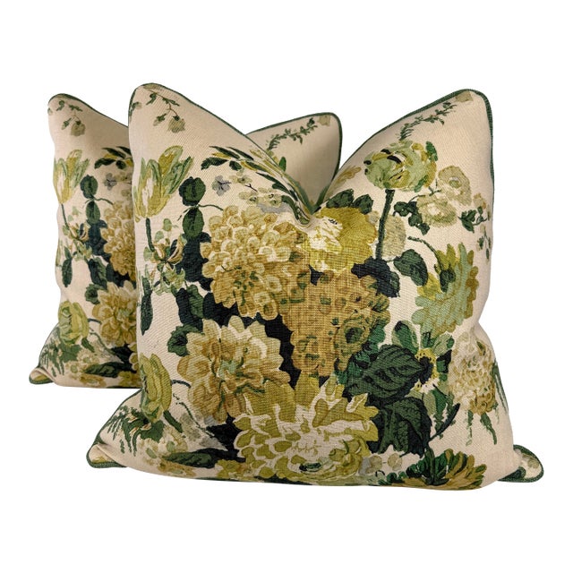 Clarence House "Dahlia Hand Block" in Green 22" Pillows-a Pair For Sale