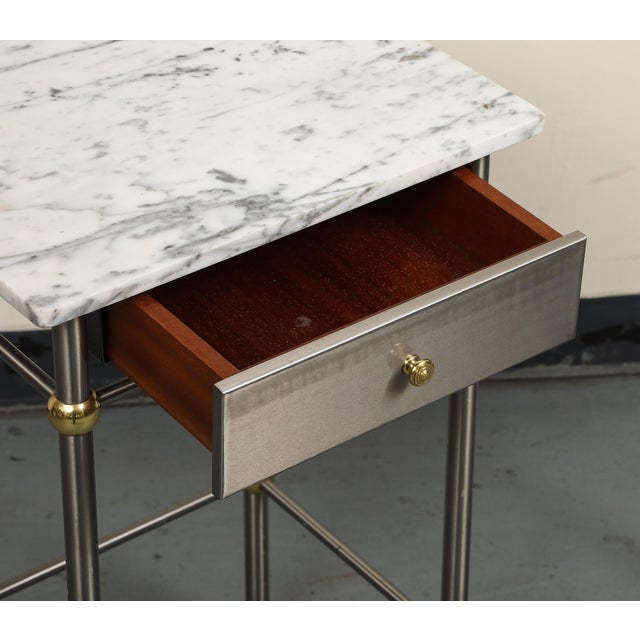 Art Deco Pair of 20th Century Hollywood Regency Style Marble, Brass and Steel End Tables For Sale - Image 3 of 13