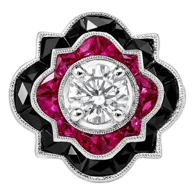 1920s 18K White Gold Onyx Ruby Diamond Art Deco Handmade Engagement Ring, Size 6.5 For Sale