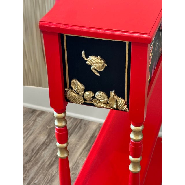 Solid Wood Console Table, Narrow Hallway Furniture, Red and Gold Palm Beach Tropical Decor For Sale - Image 4 of 11