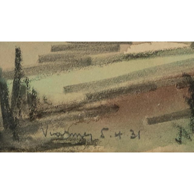 Early 1900's Vintage French Expressionist Seaside Landscape Painting in Mixed Media, Signed by Artist, 1931 With Mat For Sale - Image 4 of 4
