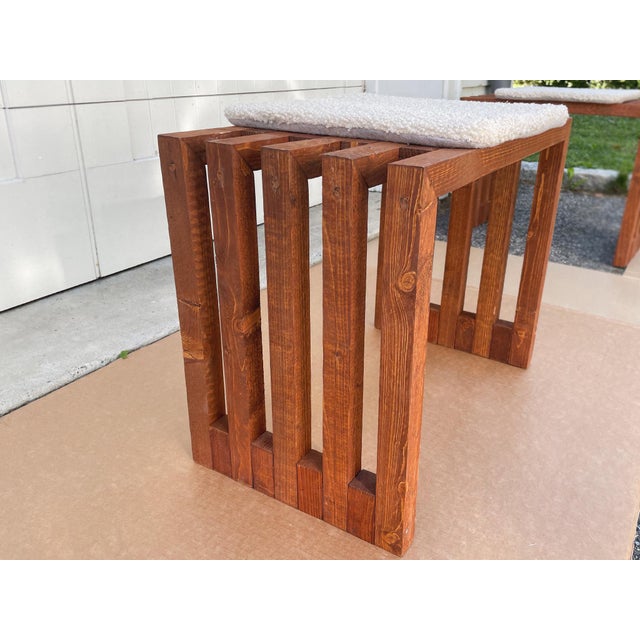 Scandinavian Modern Pine Slatted Benches With Shearling Cushions - A Pair For Sale - Image 9 of 13