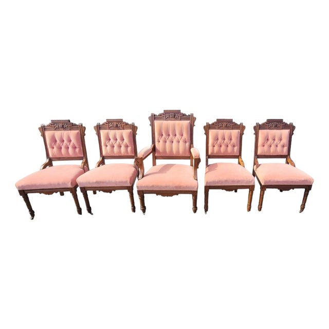 Fine Set 5 Victorian Parlor Chairs in a Blush Tone Upholstery For Sale
