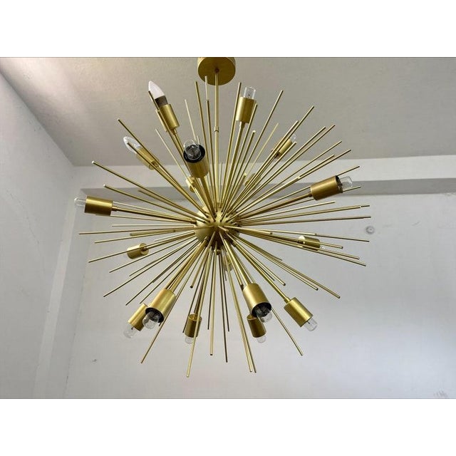 Metal Mid Century Modern Brushed Brass Sputnik Chandelier | Starburst Pendant Light Fixture | Modern Chandelier | For Sale - Image 7 of 9