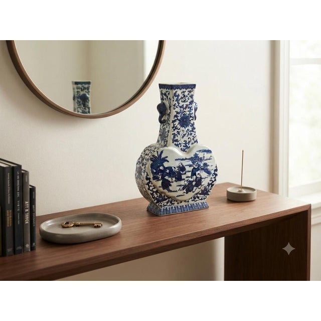 Oriental Blue White Heart Shape Flat Floral Elephant Ring Porcelain Vase For Sale - Image 4 of 12