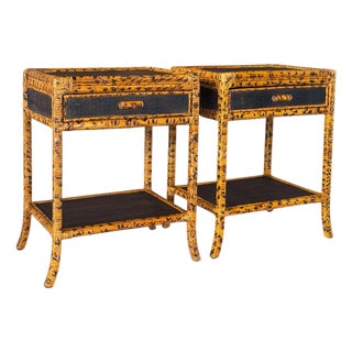 Pair Vintage British Colonial Tortoise Finish Rattan & Grasscloth Nightstands For Sale